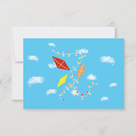 空の雲と青い空に色とりどりの凧 子供の誕生日写真 サンキューカード (裏面)
