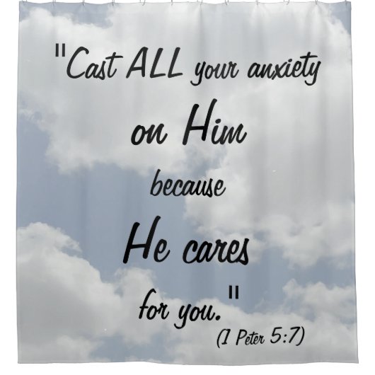 空の雲のデザインの聖書の引用文のプリントのクリスチャン シャワーカーテン (正面)