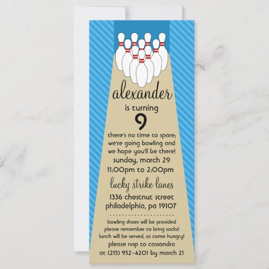 空の青いラッキーストライクボウリング誕生日パーティー 招待状 (正面)