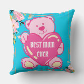 空の青とピンクのかわいいテディベアとハートの花柄デザイン クッション (裏面)