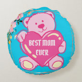 空の青とピンクのかわいいテディベアとハートの花柄デザイン ラウンドクッション (裏面)