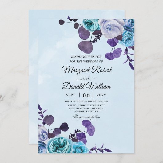 空の青と紫の結婚式招待状 招待状 (正面/裏面)