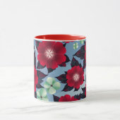空の青の背景に赤とミントグリーンフローラ マグカップ (中央)