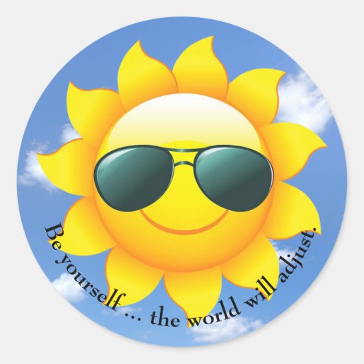 空の黄色い太陽にサングラスと引用文 ラウンドシール (正面)