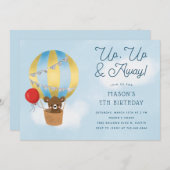 空へ飛び立て！青い熱気球の誕生日 招待状 (正面/裏面)