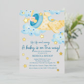 空へ飛ぼう！イエロー グレー飛行機 ベビーシャワー 箔招待状 (立ち正面)