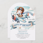 空へ飛ぼう!男の子の1歳誕生日飛行機 招待状 (正面/裏面)