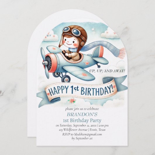 空へ飛ぼう!男の子の1歳誕生日飛行機 招待状 (正面/裏面)
