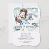 空へ飛ぼう！男の子の1歳誕生日飛行機 招待状 (正面)