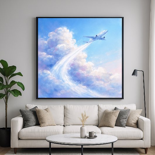 空を舞う飛行機 - パステル画スタイルの芸術 ポスター