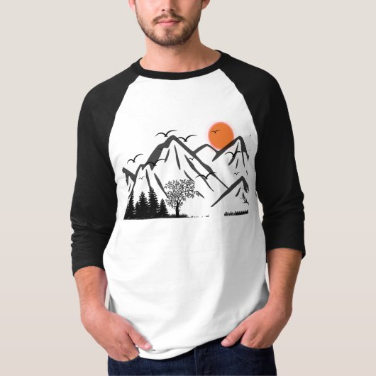 空を舞う鳥と山のシルエット Tシャツ (正面)