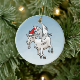 空を飛ぶクリスマスのヤギ セラミックオーナメント
