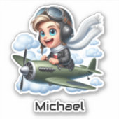 空を飛ぶ少年 飛行機 雲 面白い 子供向け オリジナルデザイン シール (正面)