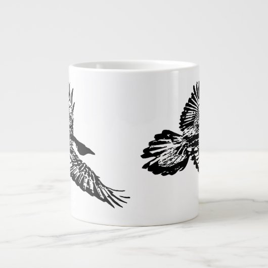 空を飛ぶ芸術で舞う黒いカラスの鳥 ジャンボコーヒーマグカップ (正面)