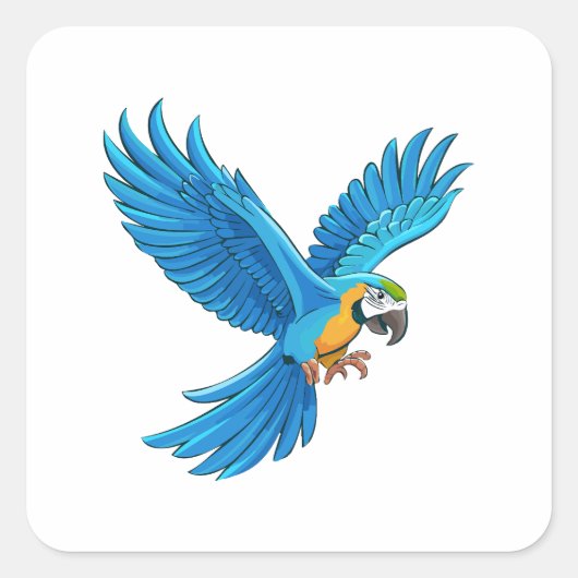 空を飛ぶ青いコンゴウインコ スクエアシール (正面)