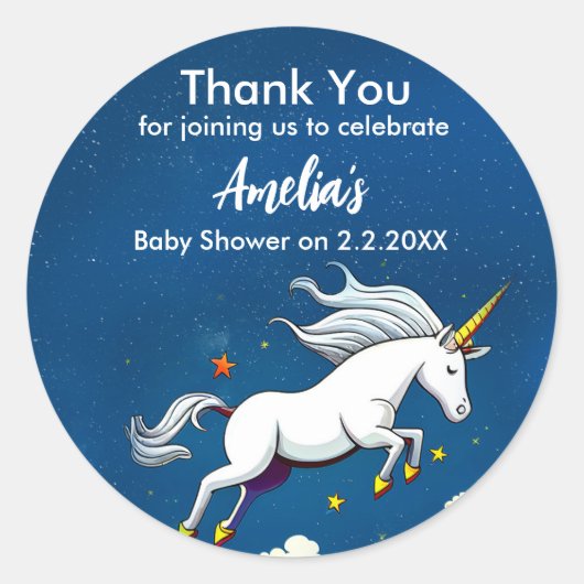 空を飛んでいる横切る可愛いユニコーン |赤ちゃんシャワー ラウンドシール (正面)