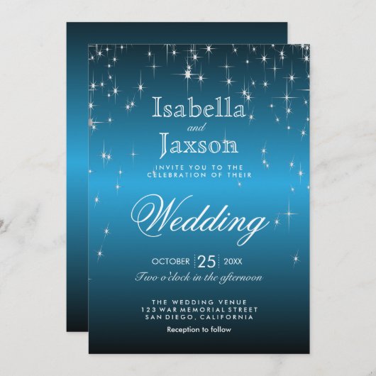 空エレガント青の星結婚の夜 招待状 (正面/裏面)