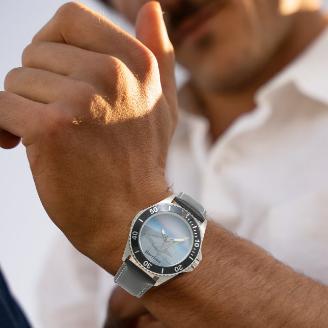 空クール空，航空機の翼の写真パーソナライズされた 腕時計 (クリエイターアップロード済み)