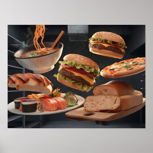空中に浮かぶ盛り合わせ食べ物 – ストック高品質品 ポスター (正面)