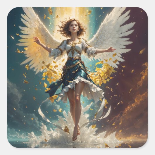 空中に羽が生えている女性 スクエアシール (正面)
