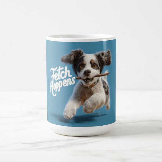 空中の棒付き愛らしい子犬のランニング コーヒーマグカップ (中央)