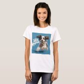 空中の棒付き愛らしい子犬のランニング Tシャツ (正面フル)