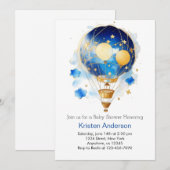 空中の青い熱気球の男の子のベイビーシャワー 招待状 (正面/裏面)