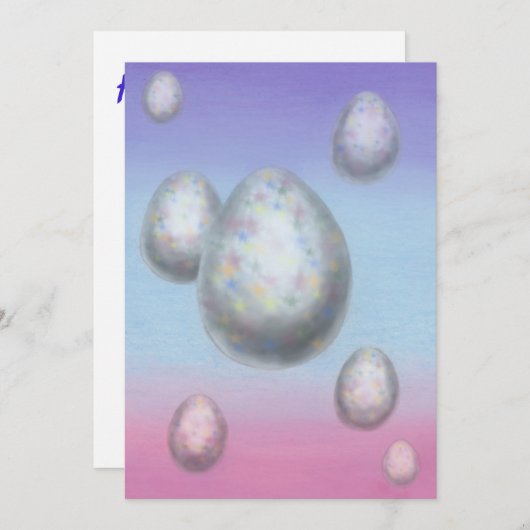 空中を浮かぶ7つのイースターエッグの絵画アート シーズンカード (正面/裏面)