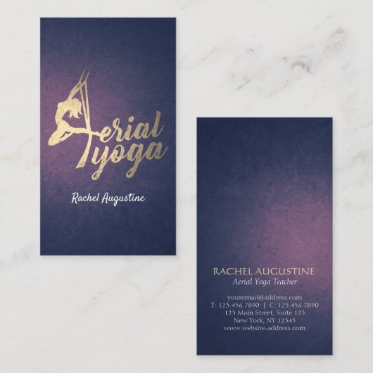 空中ヨガインストラクターピラティスフィットネスパープル金ゴールド 名刺 (正面/裏面)
