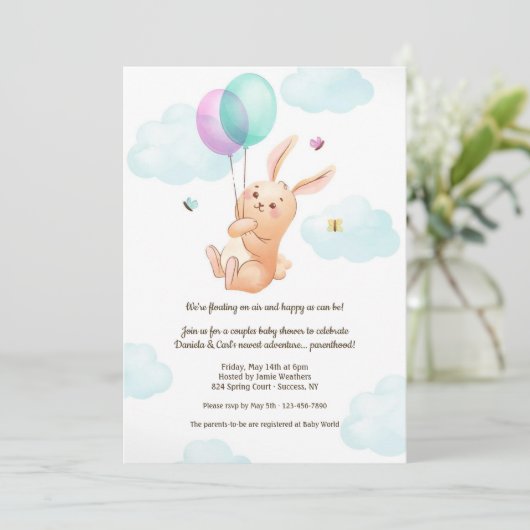 空中浮き上がるカップルのベビーシャワー 招待状 (スタンド正面)