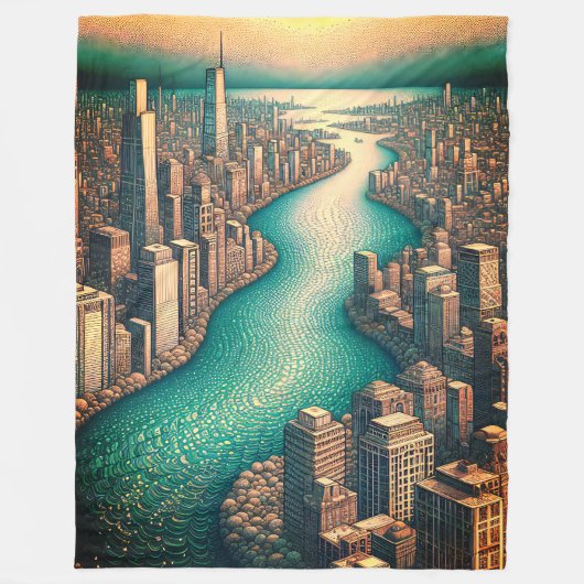 「空中眺め風ざらめき川の街並み」 フリースブランケット (正面)