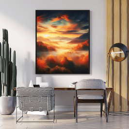 空中雲山水赤い木と黒雲海 ポスター