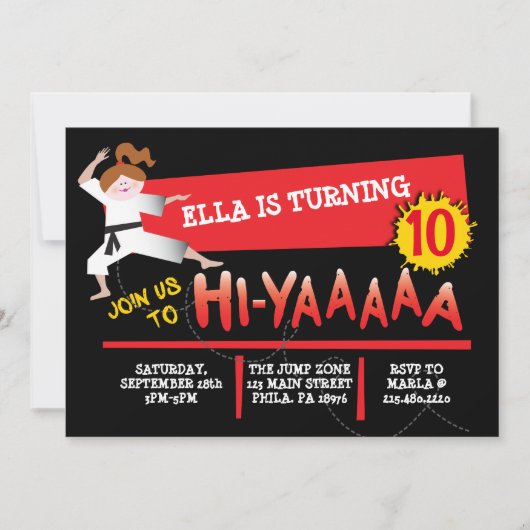 空手ガールキックレッドバースデーパーティーの招待 招待状 (正面)