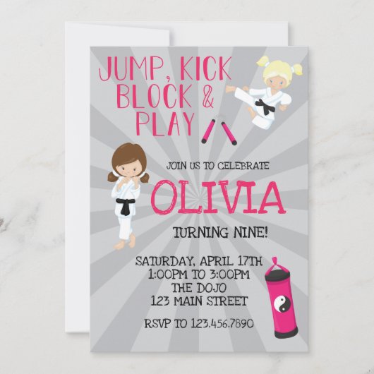 空手ガールピンク武術アーツ誕生日 招待状 (正面)
