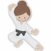 空手ガール、かわいい女の子、黒ベルト、茶色の髪 シール (正面)
