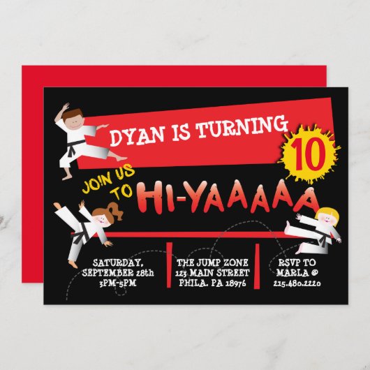 空手キックレッドバースデーパーティーの招待状 招待状 (正面/裏面)