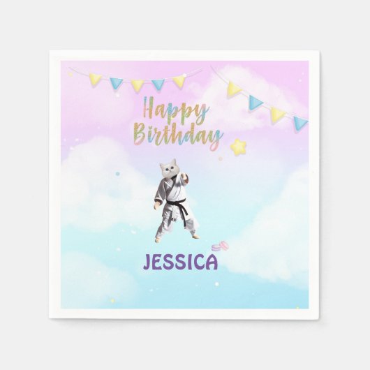 空手キャットバースデーパーティーガールパーティーテコンド スタンダードカクテルナプキン (正面)
