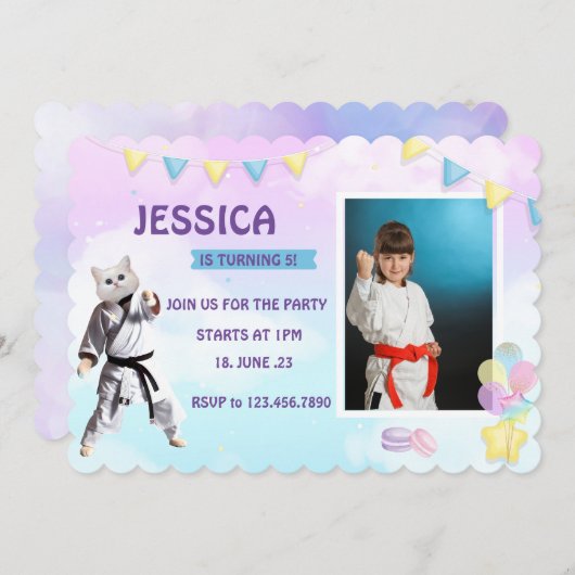 空手キャットバースデーパーティーガールパーティーテコンド ノートカード (正面/裏面)