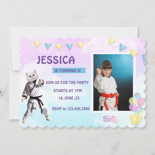 空手キャットバースデーパーティーガールパーティーテコンド ノートカード (正面)