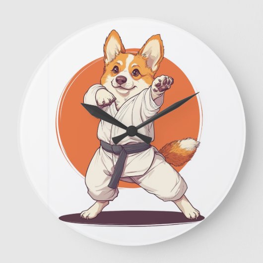 空手コーギー � 武術の犬 ラージ壁時計 (正面)