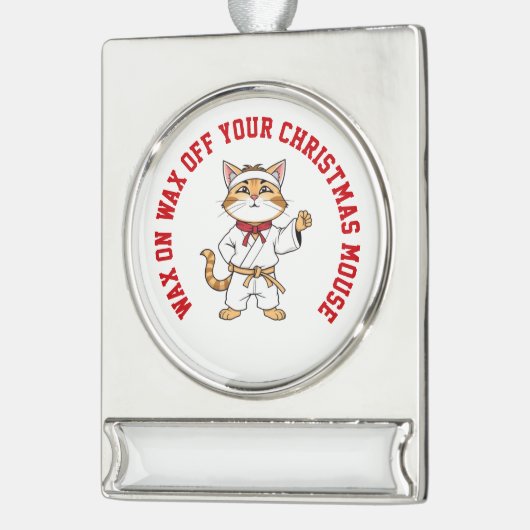 空手パーソナライズされた猫 シルバープレートバナーオーナメント (左)