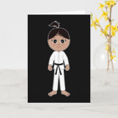 空手少女が黒帯で祝う カード (黄色い花)