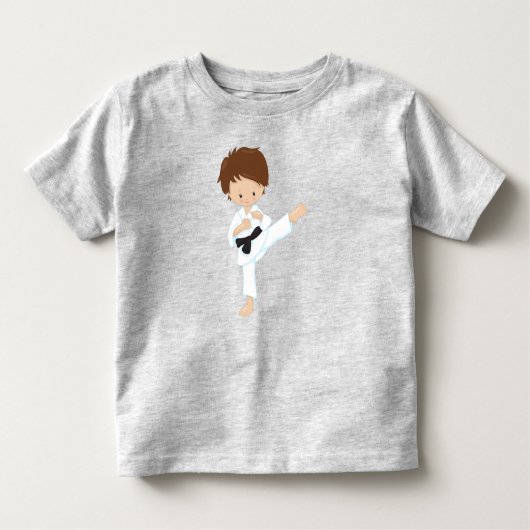 空手少年、かわいい少年、茶色の髪、黒帯 トドラーTシャツ (正面)