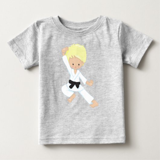 空手少年、かわいい少年、黒帯、金髪 ベビーTシャツ (正面)
