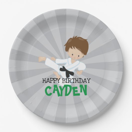 空手少年 緑色 武道 誕生日 ペーパープレート (正面)