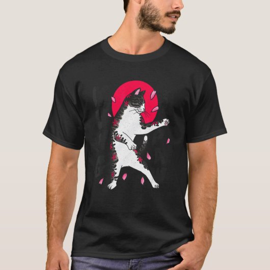 空手猫パロディ 赤い太陽のサムライ Tシャツ (正面)
