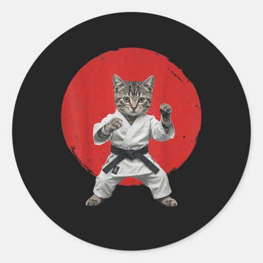 空手猫黒帯おもしろい武術柔道 ラウンドシール (正面)