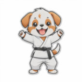 空手着の喜ぶキャラクター子犬 シール (正面)