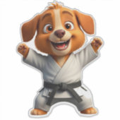 空手着の喜ぶキャラクター子犬 シール (正面)