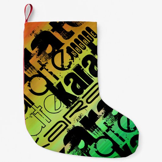 空手、鮮やか緑、オレンジ、黄 スモールクリスマスストッキング (正面)